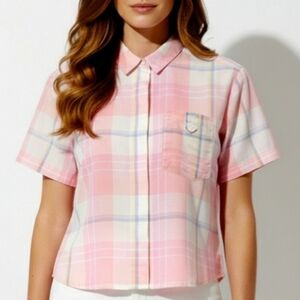 Vintage Diane Von Furstenberg Shirt Size M Hidden Fly Pocket Pink Short Sleeve